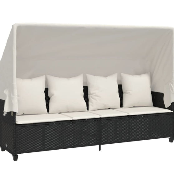 Sonnenliege mit Dach und Kissen Schwarz Poly Rattan