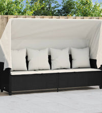 Sonnenliege mit Dach und Kissen Schwarz Poly Rattan