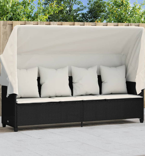 Sonnenliege mit Dach und Kissen Schwarz Poly Rattan