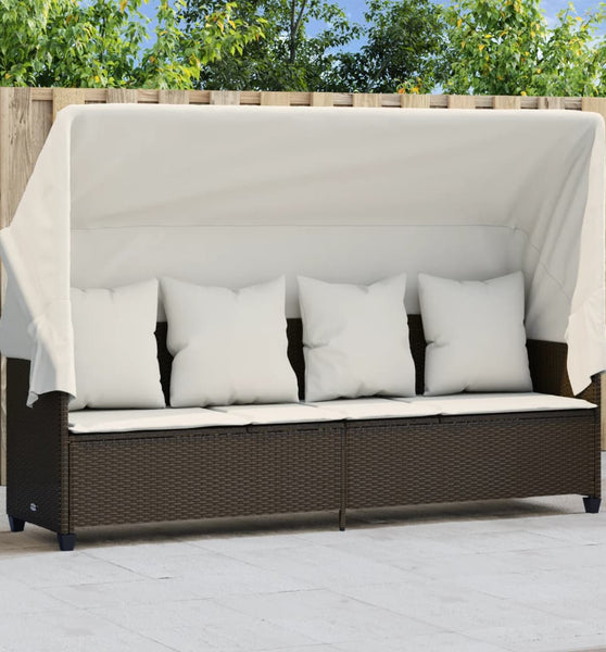 Sonnenliege mit Dach und Kissen Braun Poly Rattan