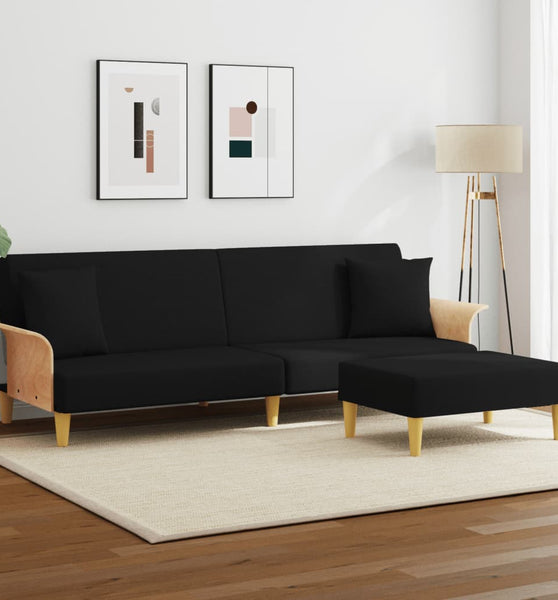 Schlafsofa 2-Sitzer mit Kissen und Fußhocker Schwarz Samt