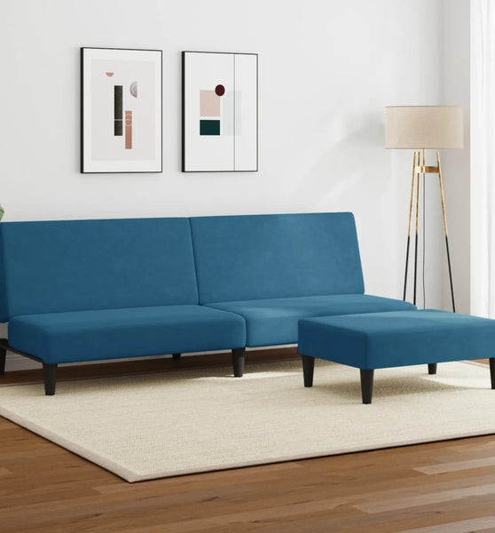 Schlafsofa 2-Sitzer mit Fußhocker Blau Samt