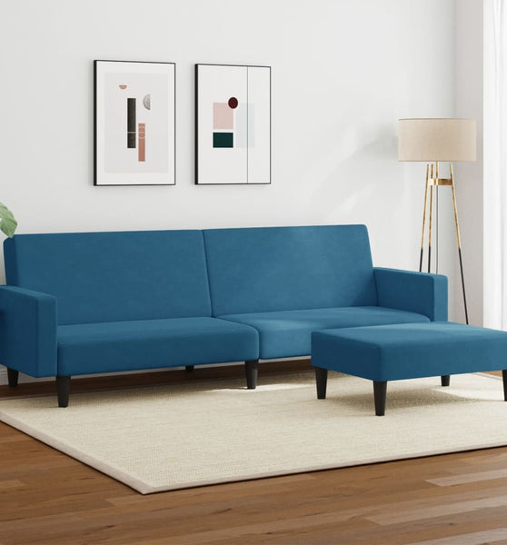 Schlafsofa 2-Sitzer mit Fußhocker Blau Samt