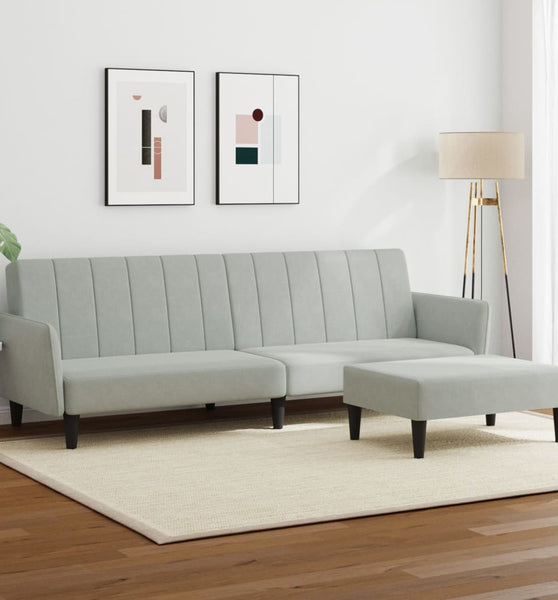 Schlafsofa 2-Sitzer mit Fußhocker Hellgrau Samt