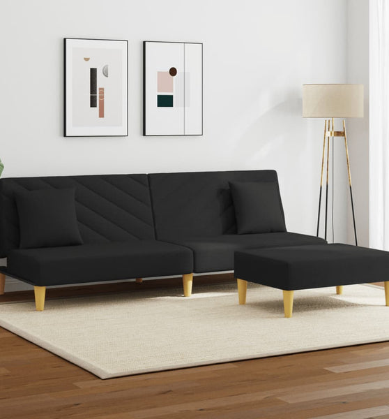 Schlafsofa 2-Sitzer mit Kissen und Fußhocker Schwarz Stoff