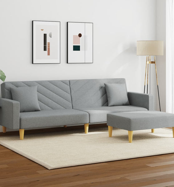 Schlafsofa 2-Sitzer mit Kissen und Fußhocker Hellgrau Stoff