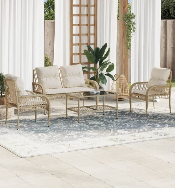 4-tlg. Garten-Sofagarnitur mit Kissen Beige Poly Rattan