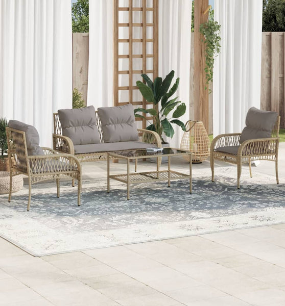 4-tlg. Garten-Sofagarnitur mit Kissen Beige Poly Rattan