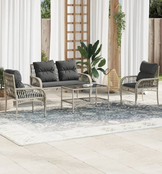 4-tlg. Garten-Sofagarnitur mit Kissen Hellgrau Poly Rattan