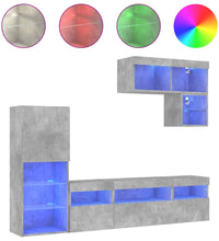 6-tlg. Wohnwand mit LED-Beleuchtung Betongrau Holzwerkstoff