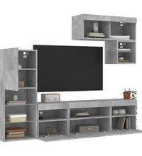 6-tlg. Wohnwand mit LED-Beleuchtung Betongrau Holzwerkstoff