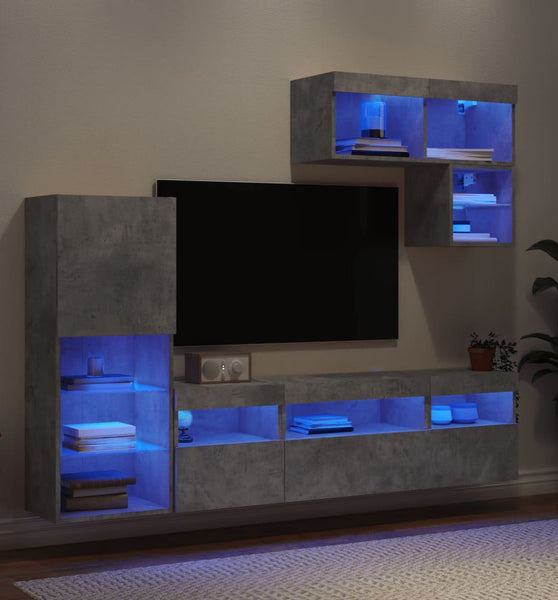 6-tlg. Wohnwand mit LED-Beleuchtung Betongrau Holzwerkstoff