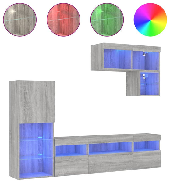 6-tlg. Wohnwand mit LED-Beleuchtung Grau Sonoma Holzwerkstoff