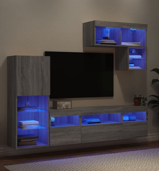 6-tlg. Wohnwand mit LED-Beleuchtung Grau Sonoma Holzwerkstoff