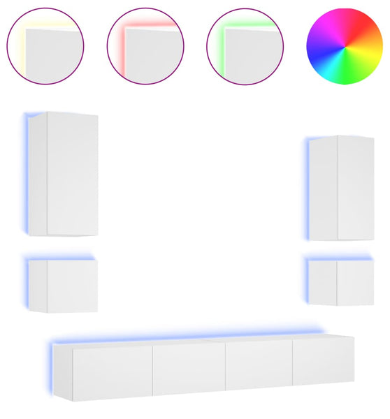 6-tlg. TV-Wohnwand mit LED-Leuchten Weiß