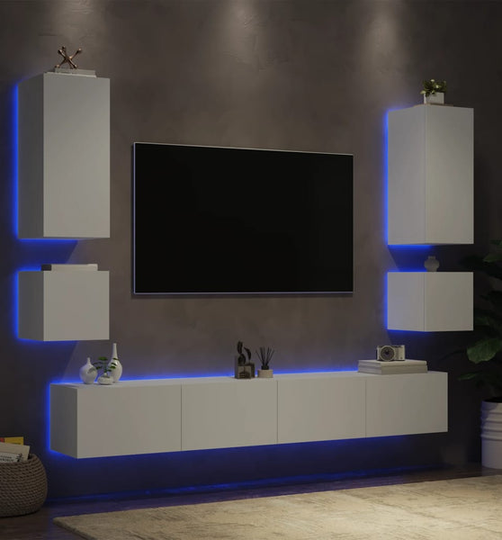 6-tlg. TV-Wohnwand mit LED-Leuchten Weiß