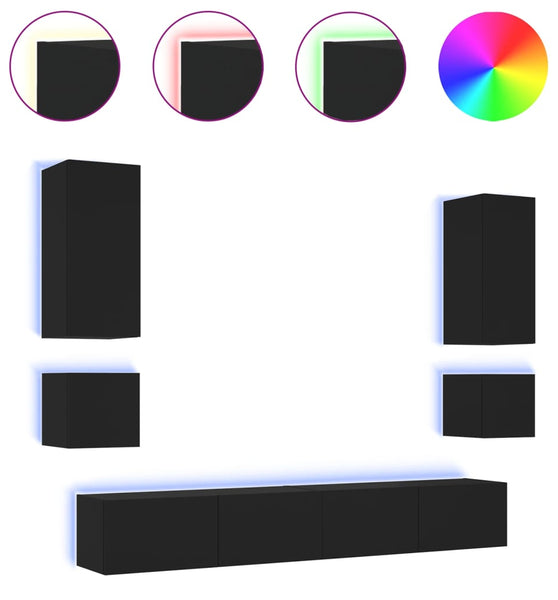 6-tlg. TV-Wohnwand mit LED-Leuchten Schwarz