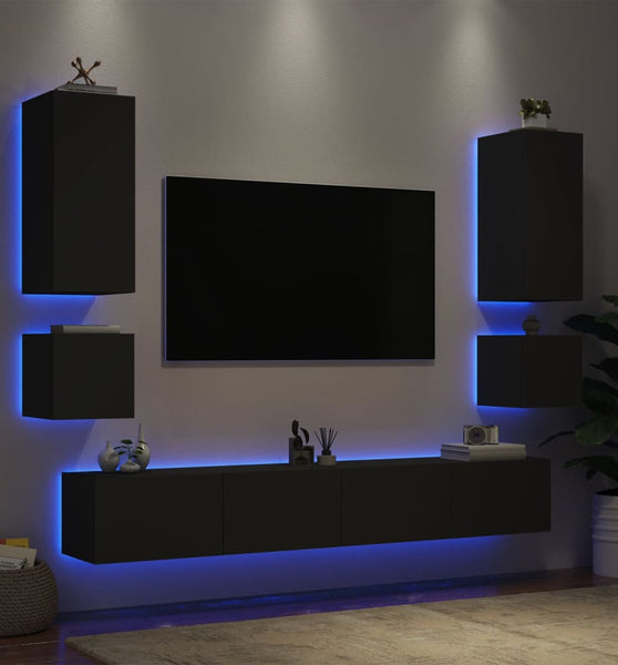 6-tlg. TV-Wohnwand mit LED-Leuchten Schwarz