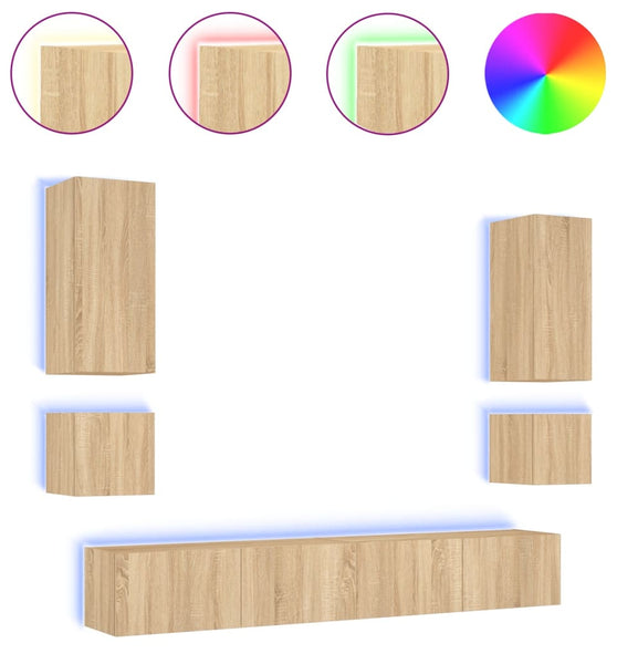 6-tlg. TV-Wohnwand mit LED-Leuchten Sonoma-Eiche