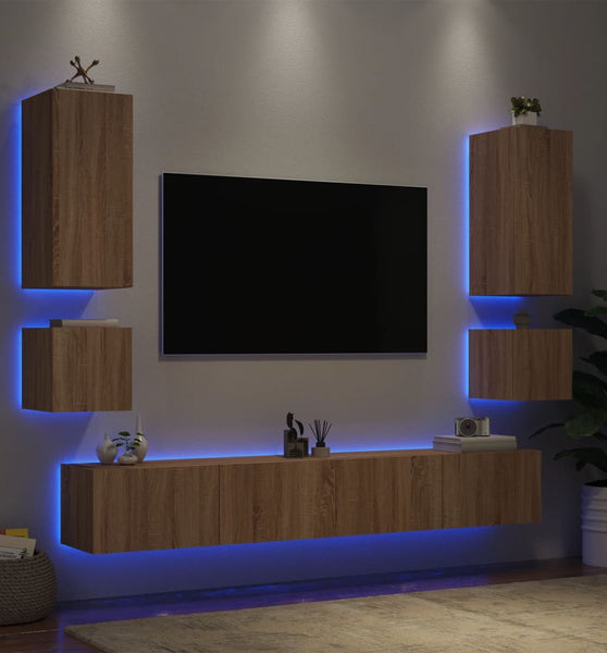 6-tlg. TV-Wohnwand mit LED-Leuchten Sonoma-Eiche