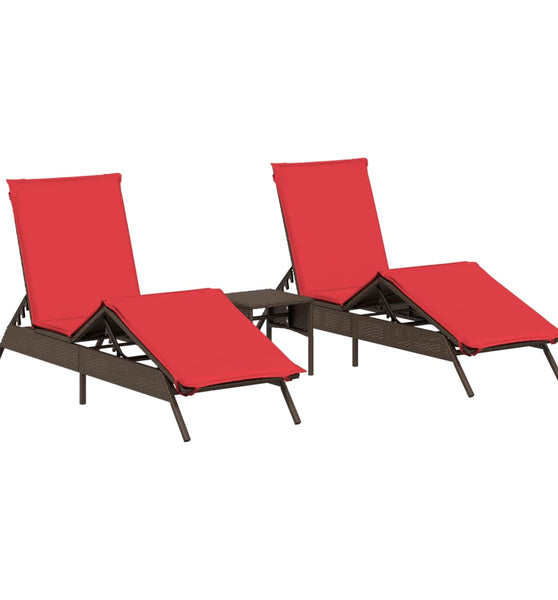 Sonnenliegen 2 Stk. mit Tisch Braun Poly Rattan