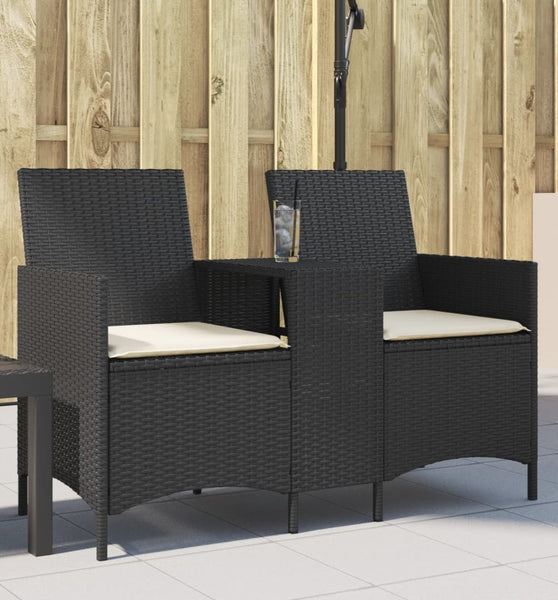 Gartensofa 2-Sitzer mit Tisch und Kissen Schwarz Poly Rattan