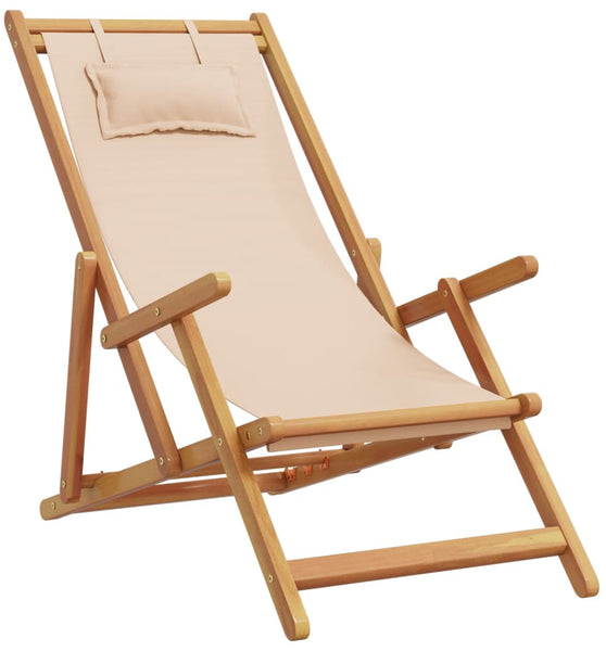 Strandstuhl Klappbar Beige Massivholz Eukalyptus und Stoff