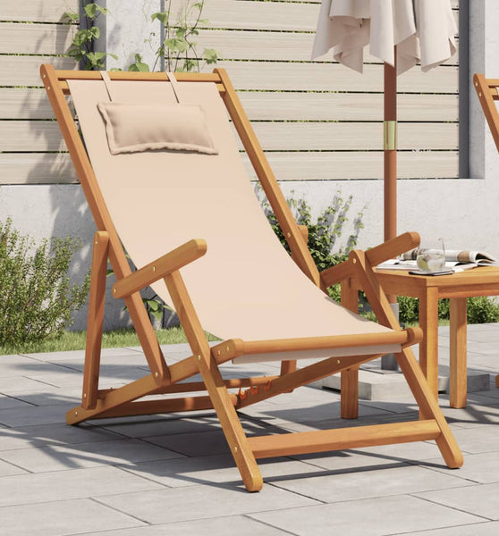 Strandstuhl Klappbar Beige Massivholz Eukalyptus und Stoff