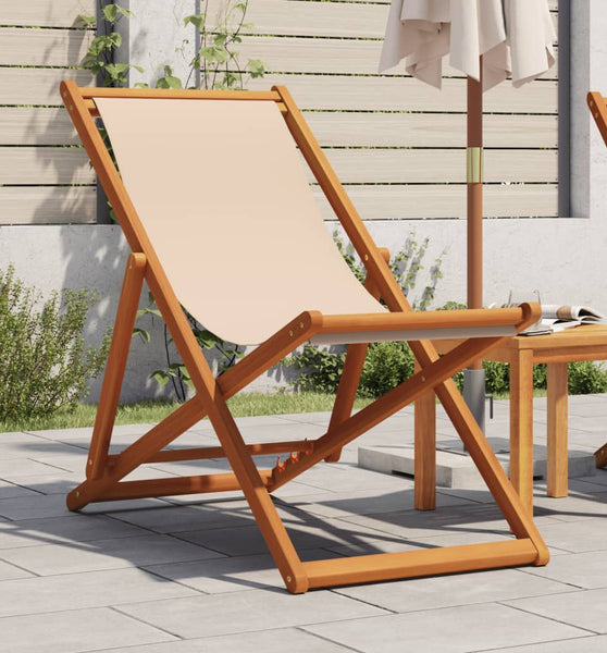 Strandstuhl Klappbar Beige Massivholz Eukalyptus und Stoff