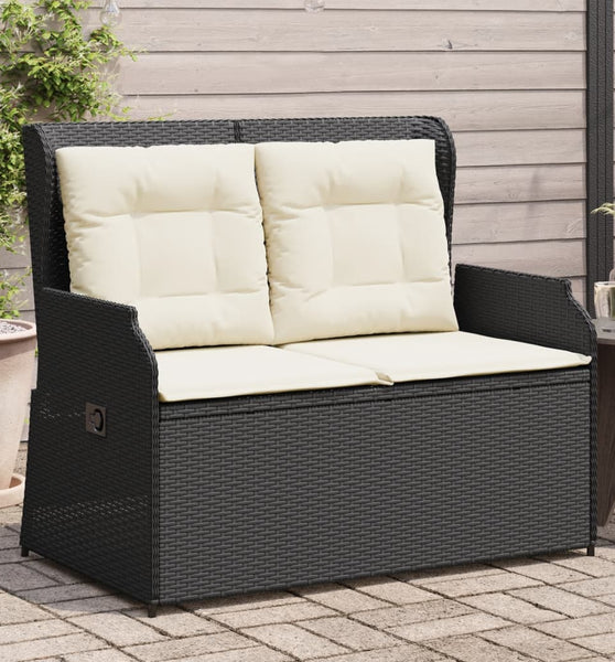 Gartenbank Verstellbar mit Kissen Schwarz Poly Rattan