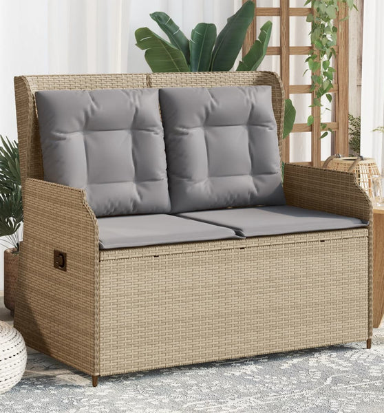 Gartenbank Verstellbar mit Kissen Beige Poly Rattan