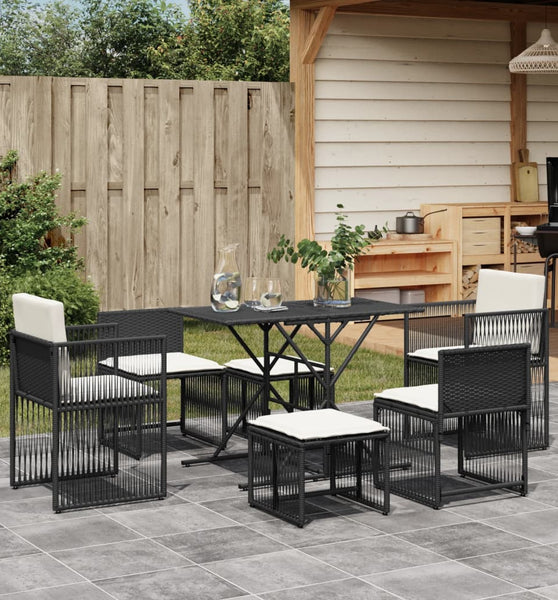 7-tlg. Garten-Essgruppe mit Kissen Schwarz Poly Rattan