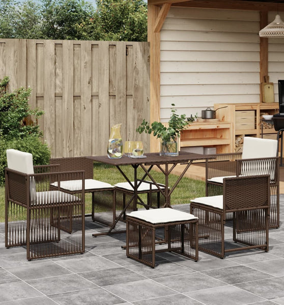 7-tlg. Garten-Essgruppe mit Kissen Braun Poly Rattan