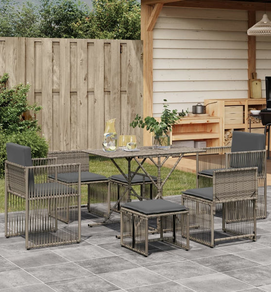 7-tlg. Garten-Essgruppe mit Kissen Grau Poly Rattan