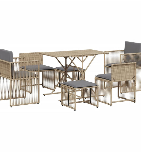 7-tlg. Garten-Essgruppe mit Kissen Beige Poly Rattan