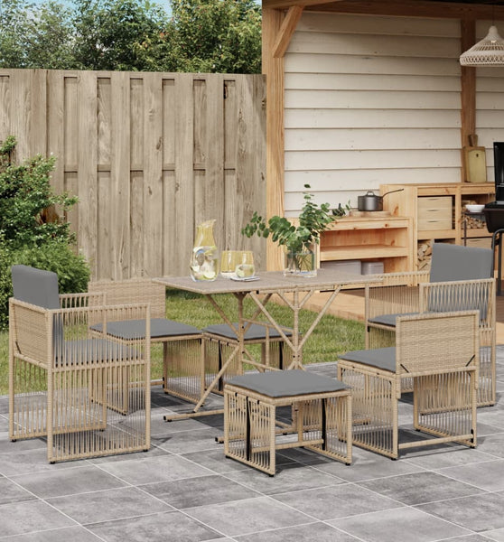 7-tlg. Garten-Essgruppe mit Kissen Beige Poly Rattan