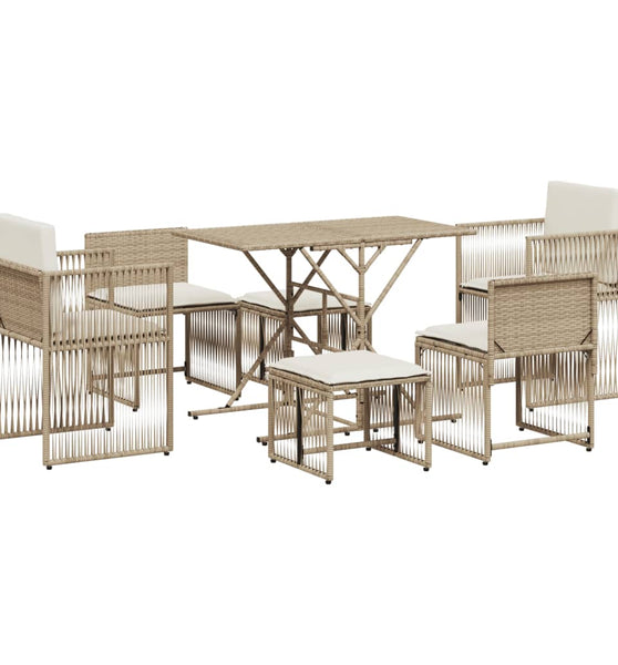 7-tlg. Garten-Essgruppe mit Kissen Beige Poly Rattan