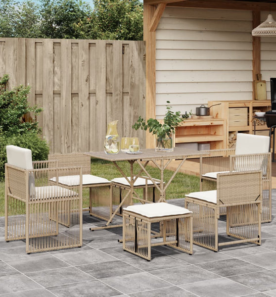 7-tlg. Garten-Essgruppe mit Kissen Beige Poly Rattan