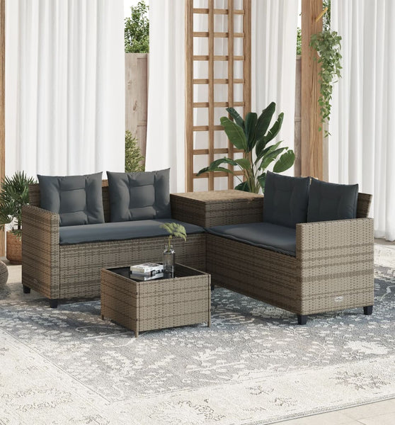 Gartensofa in L-Form mit Tisch und Kissen Grau Poly Rattan