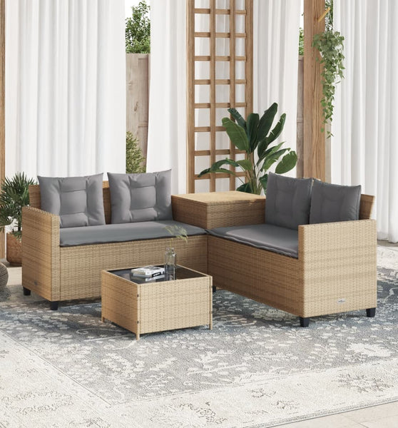Gartensofa in L-Form mit Tisch und Kissen Beige Poly Rattan