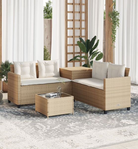 Gartensofa in L-Form mit Tisch und Kissen Beige Poly Rattan