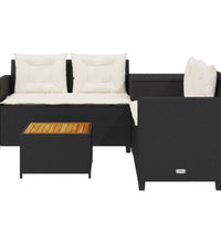 Gartensofa in L-Form mit Tisch und Kissen Schwarz Poly Rattan