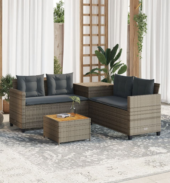 Gartensofa in L-Form mit Tisch und Kissen Grau Poly Rattan