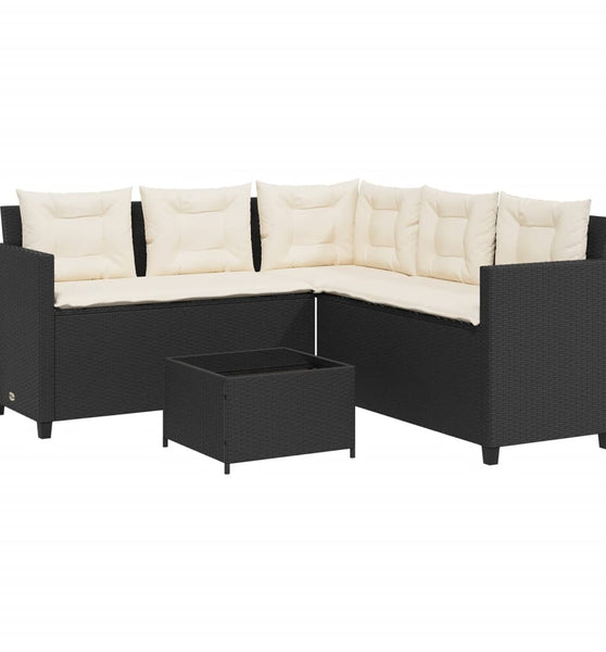 Gartensofa in L-Form mit Tisch und Kissen Schwarz Poly Rattan
