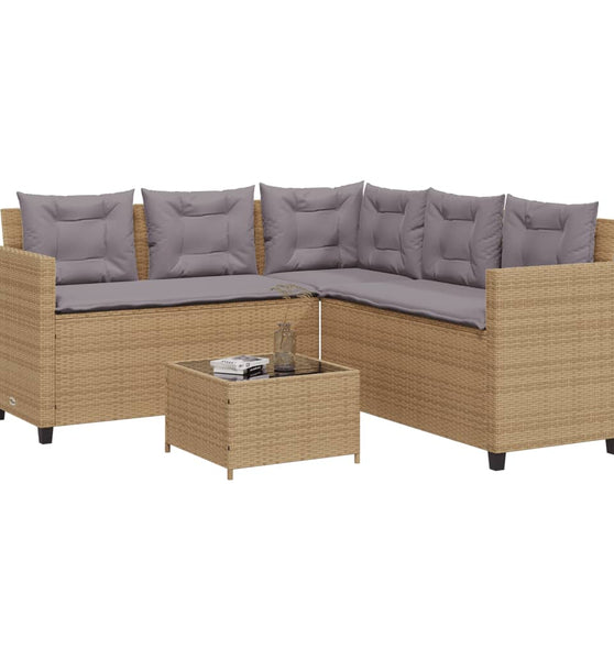 Gartensofa in L-Form mit Tisch und Kissen Beige Poly Rattan