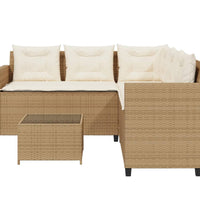 Gartensofa in L-Form mit Tisch und Kissen Beige Poly Rattan