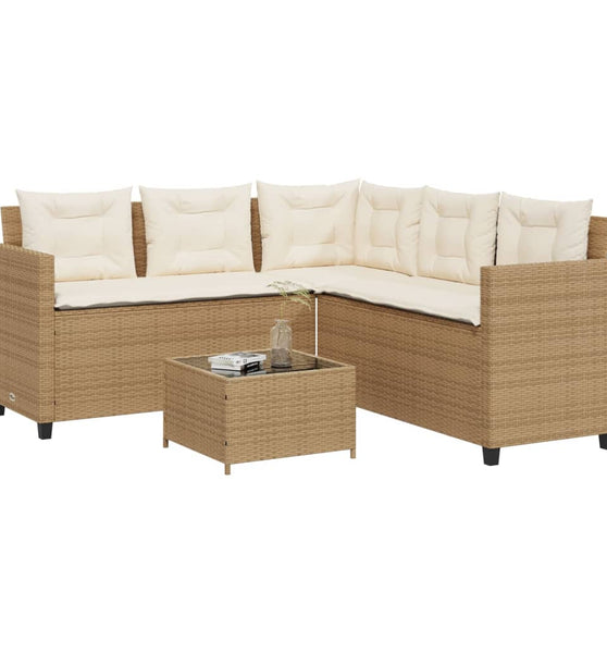 Gartensofa in L-Form mit Tisch und Kissen Beige Poly Rattan