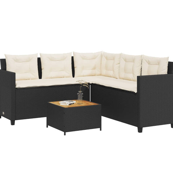Gartensofa in L-Form mit Tisch und Kissen Schwarz Poly Rattan
