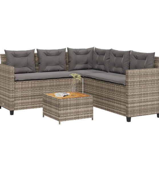 Gartensofa in L-Form mit Tisch und Kissen Grau Poly Rattan