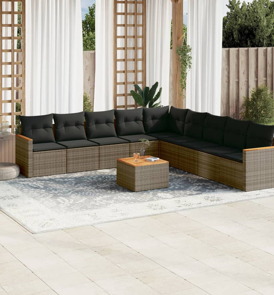 10-tlg. Garten-Sofagarnitur mit Kissen Grau Poly Rattan